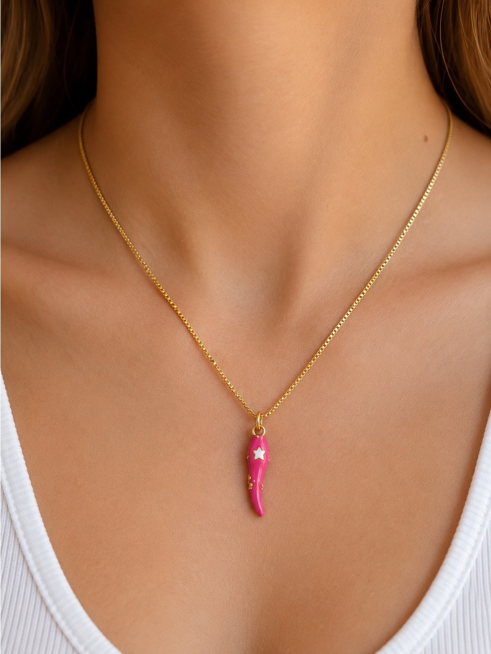 Pink Enamel Italian Cornicello Necklace on Gold Plated Stainless Steel Box Chain - Picture 2 of 3